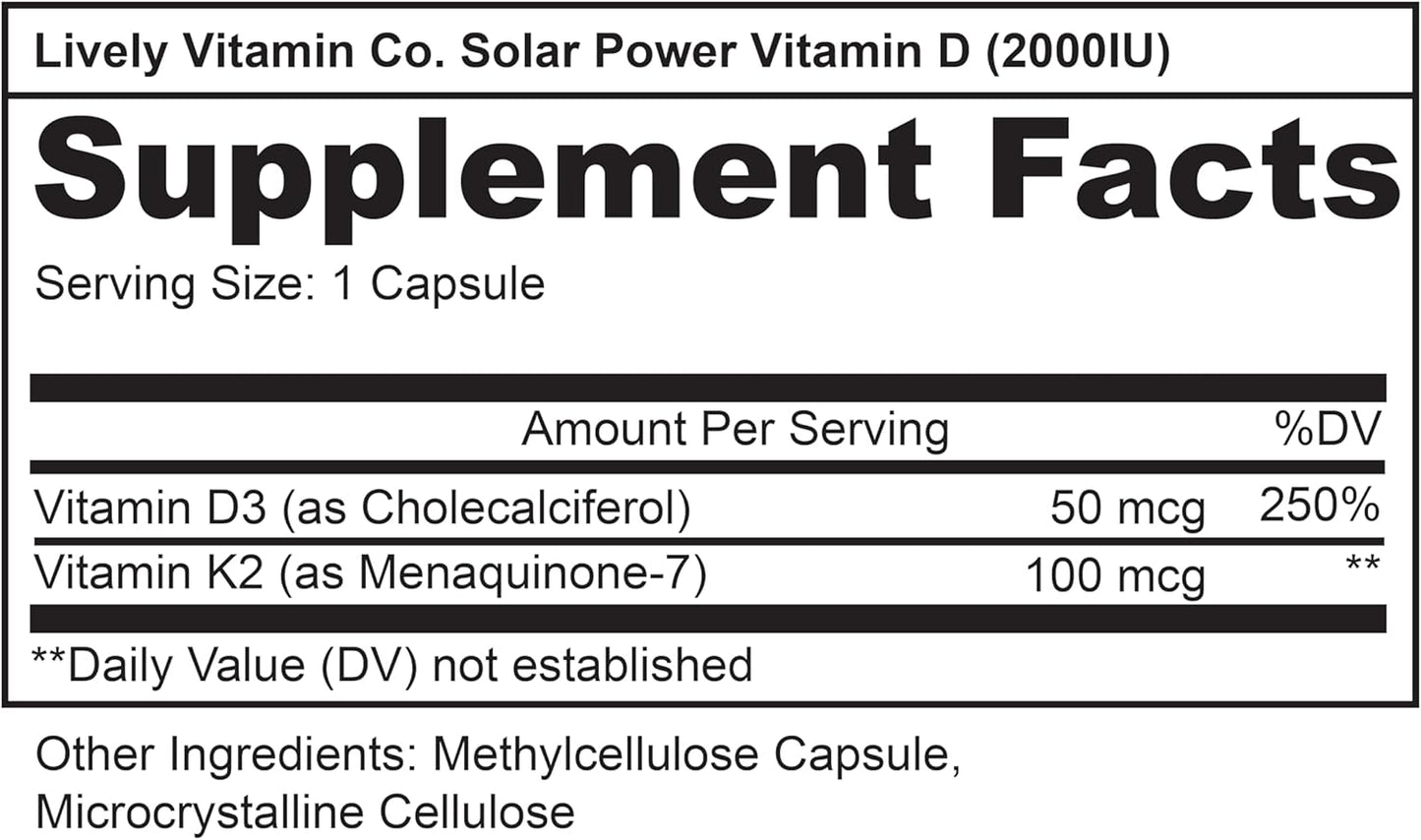 Solar Power Vitamin D3 Supplement with Patented Vitamin K - MK7 for Immune Balance, Brain Function, Heart Health, and Stress Relief - 60 Count