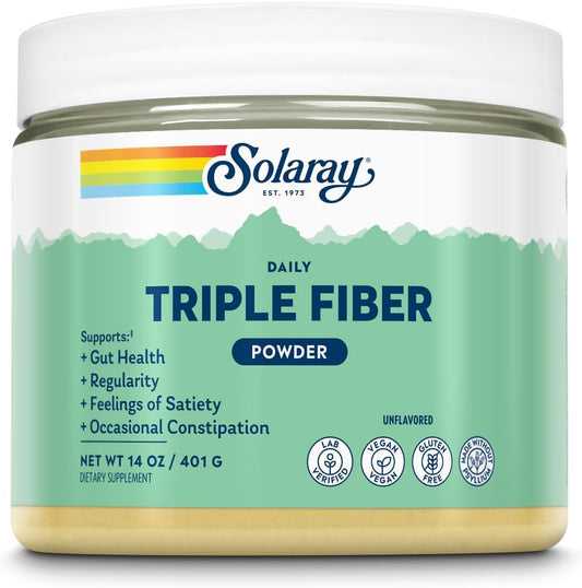 SOLARAY Daily Triple Fiber Powder - Unflavored Gut Health Supplement - Vegan, Gluten Free - 30 Servings, 14 OZ