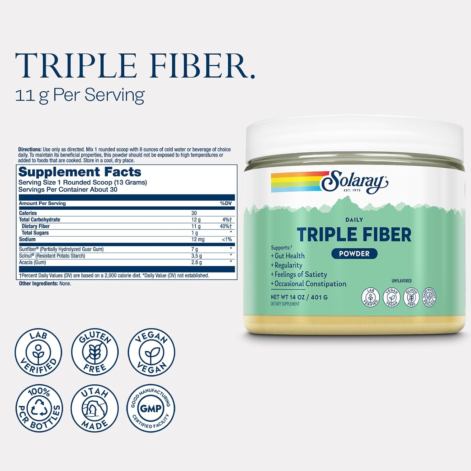 SOLARAY Daily Triple Fiber Powder - Unflavored Gut Health Supplement - Vegan, Gluten Free - 30 Servings, 14 OZ