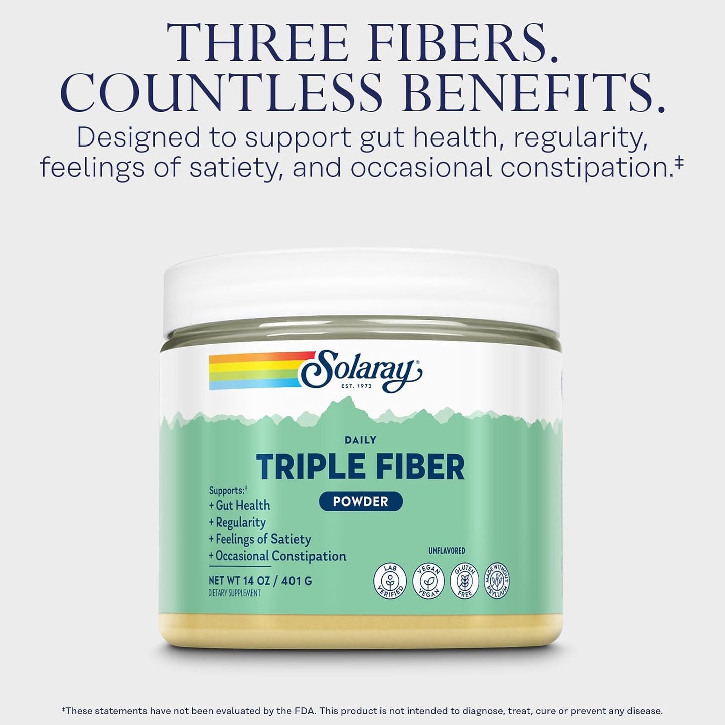 SOLARAY Daily Triple Fiber Powder - Unflavored Gut Health Supplement - Vegan, Gluten Free - 30 Servings, 14 OZ