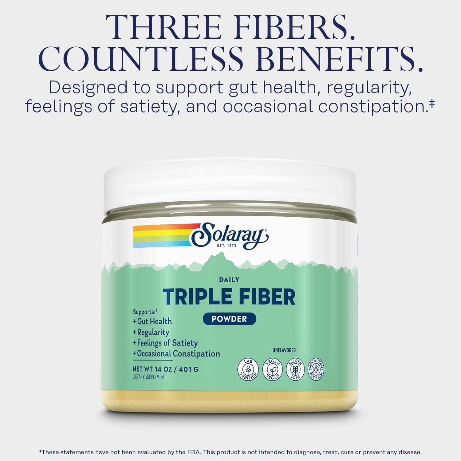 SOLARAY Daily Triple Fiber Powder - Unflavored Gut Health Supplement - Vegan, Gluten Free - 30 Servings, 14 OZ