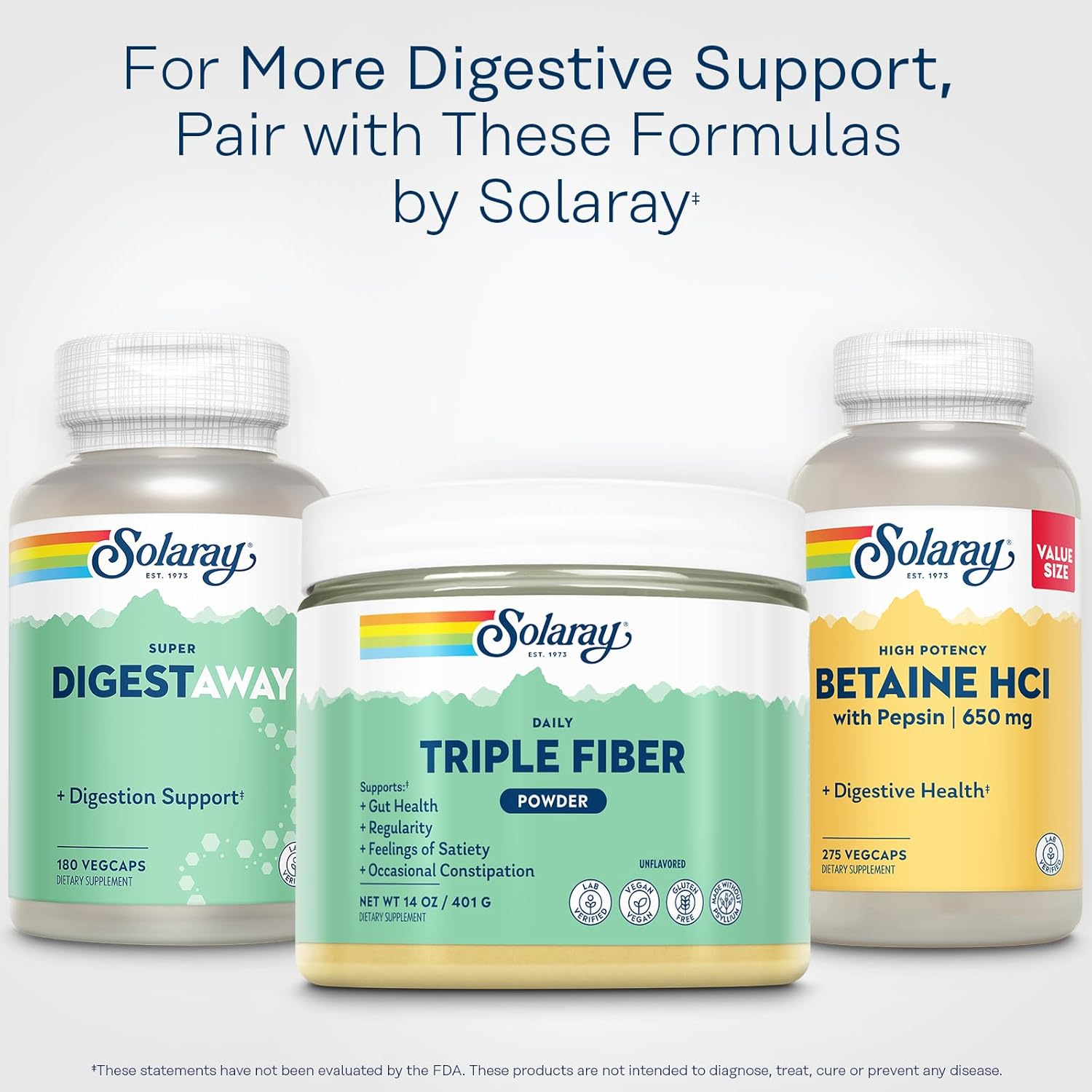 SOLARAY Daily Triple Fiber Powder - Unflavored Gut Health Supplement - Vegan, Gluten Free - 30 Servings, 14 OZ