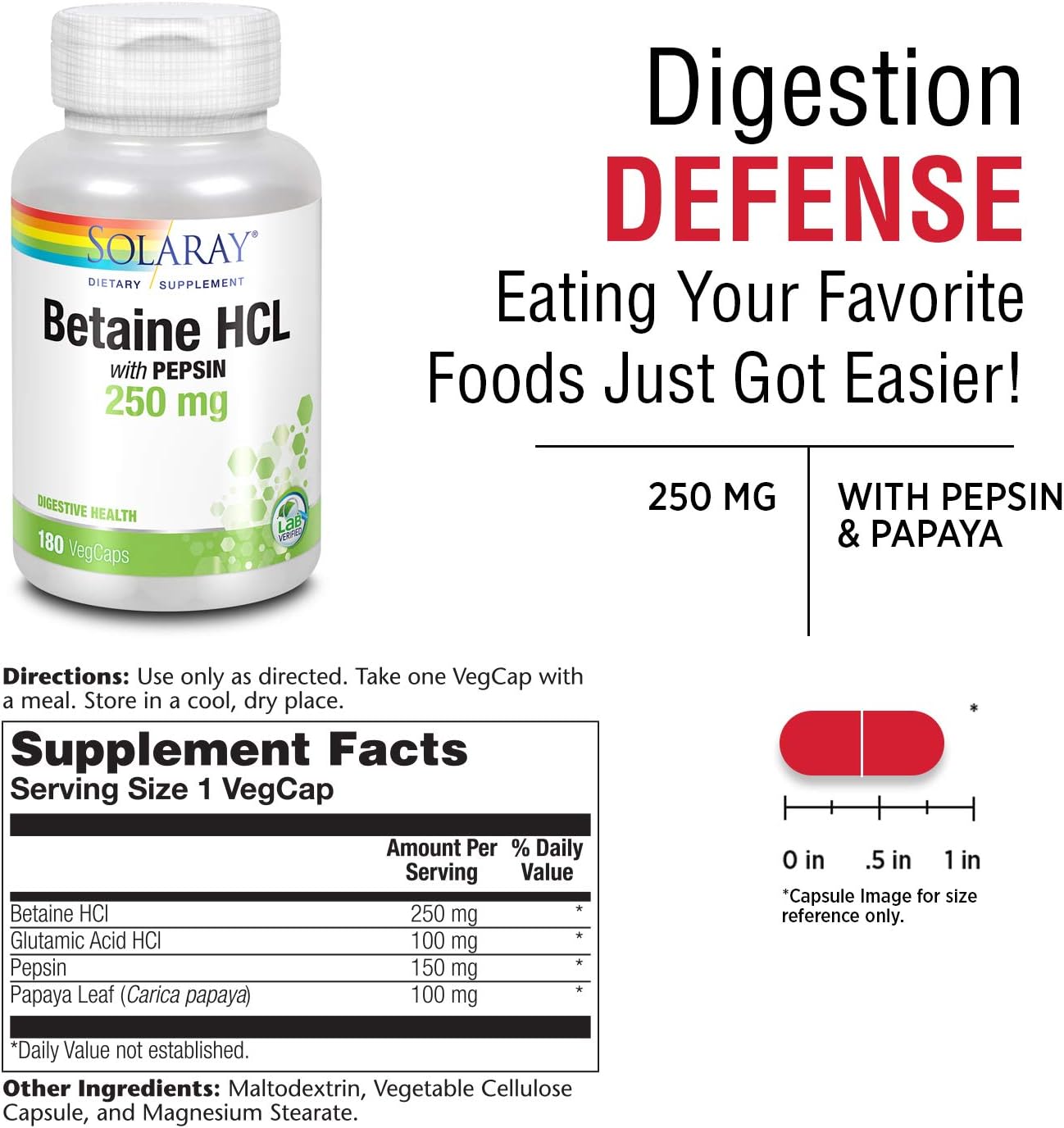 Solaray HCl with Pepsin Capsules - 250 mg - 180 Count