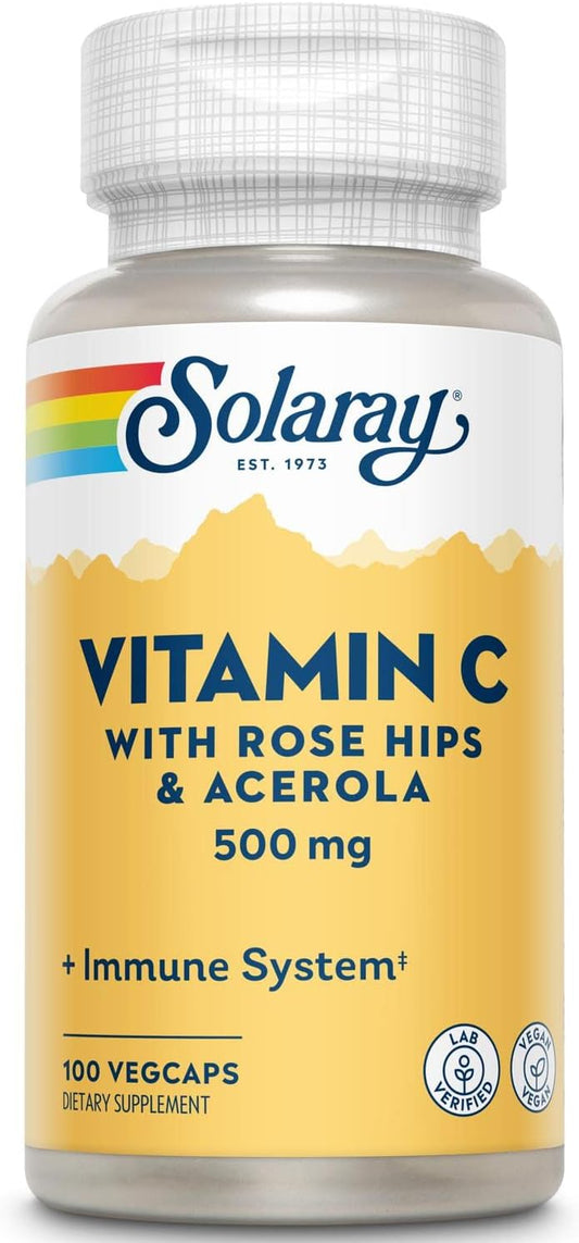 Solaray Two-Stage Timed-Release Vitamin C with Rose Hips and Acerola Veg Capsules - 100 Count, 500mg - Pack of 2