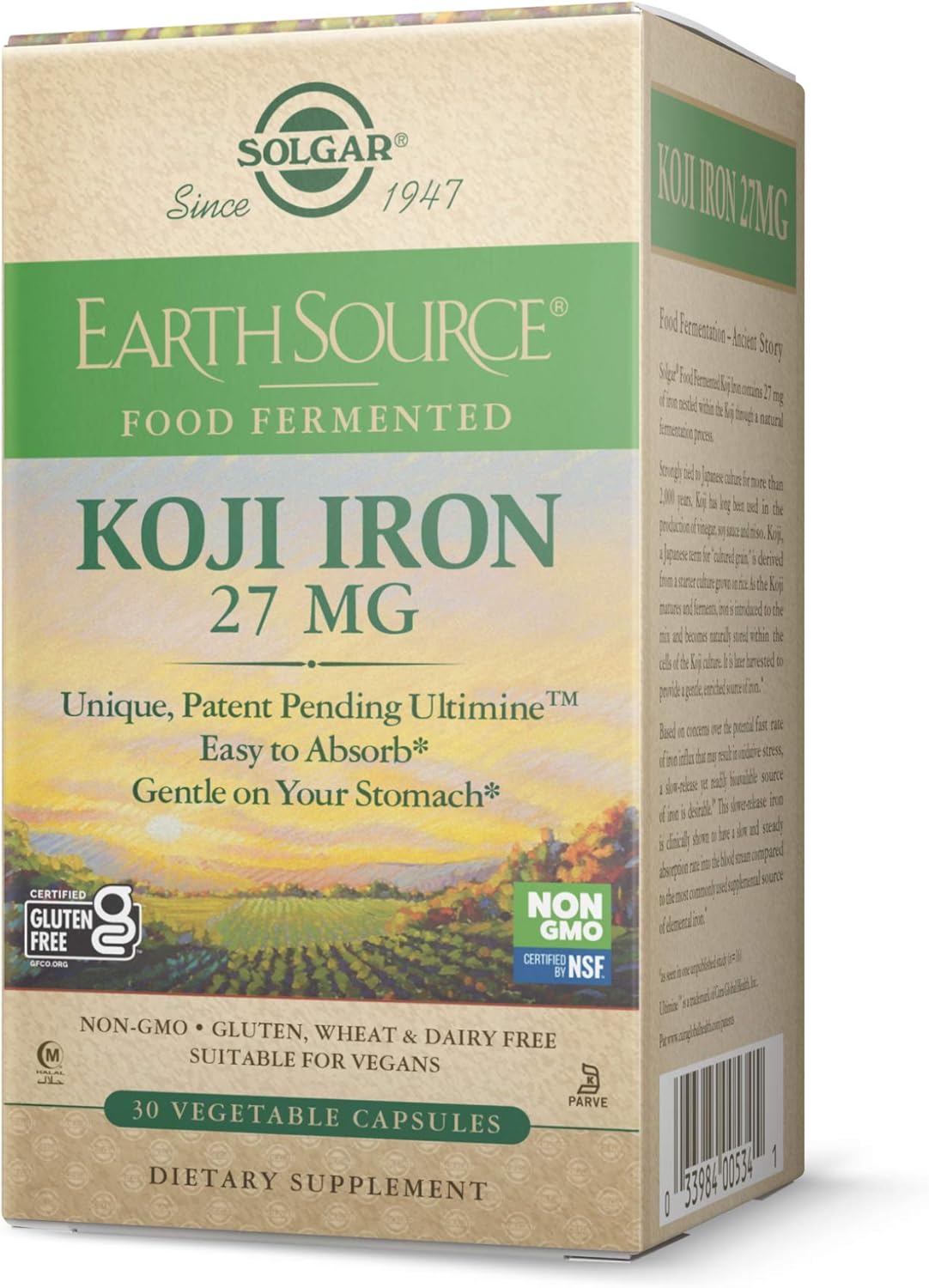 Solgar Earth Source Food Fermented Koji Iron 27mg Capsules - High Absorption, Slow-Release, Gentle on Stomach - Non-GMO, Vegan, Gluten-Free - 30 Servings