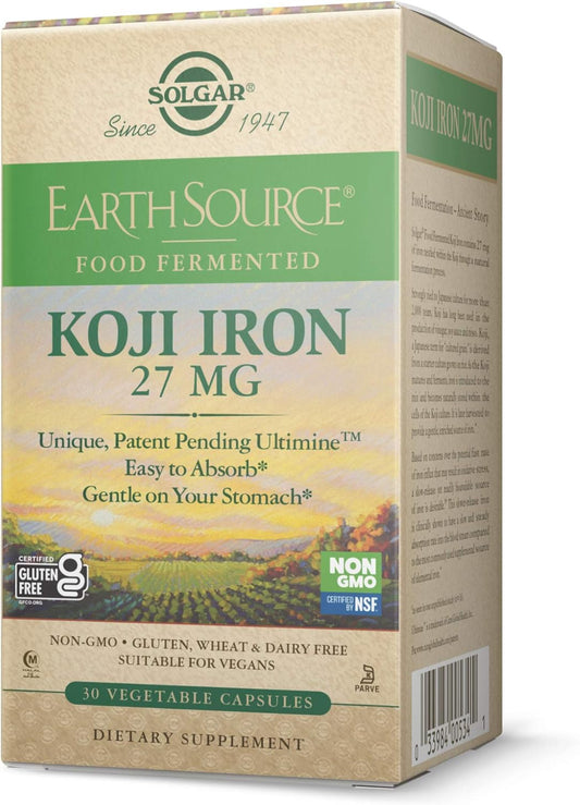 Solgar Earth Source Food Fermented Koji Iron 27mg Capsules - High Absorption, Slow-Release, Gentle on Stomach - Non-GMO, Vegan, Gluten-Free - 30 Servings