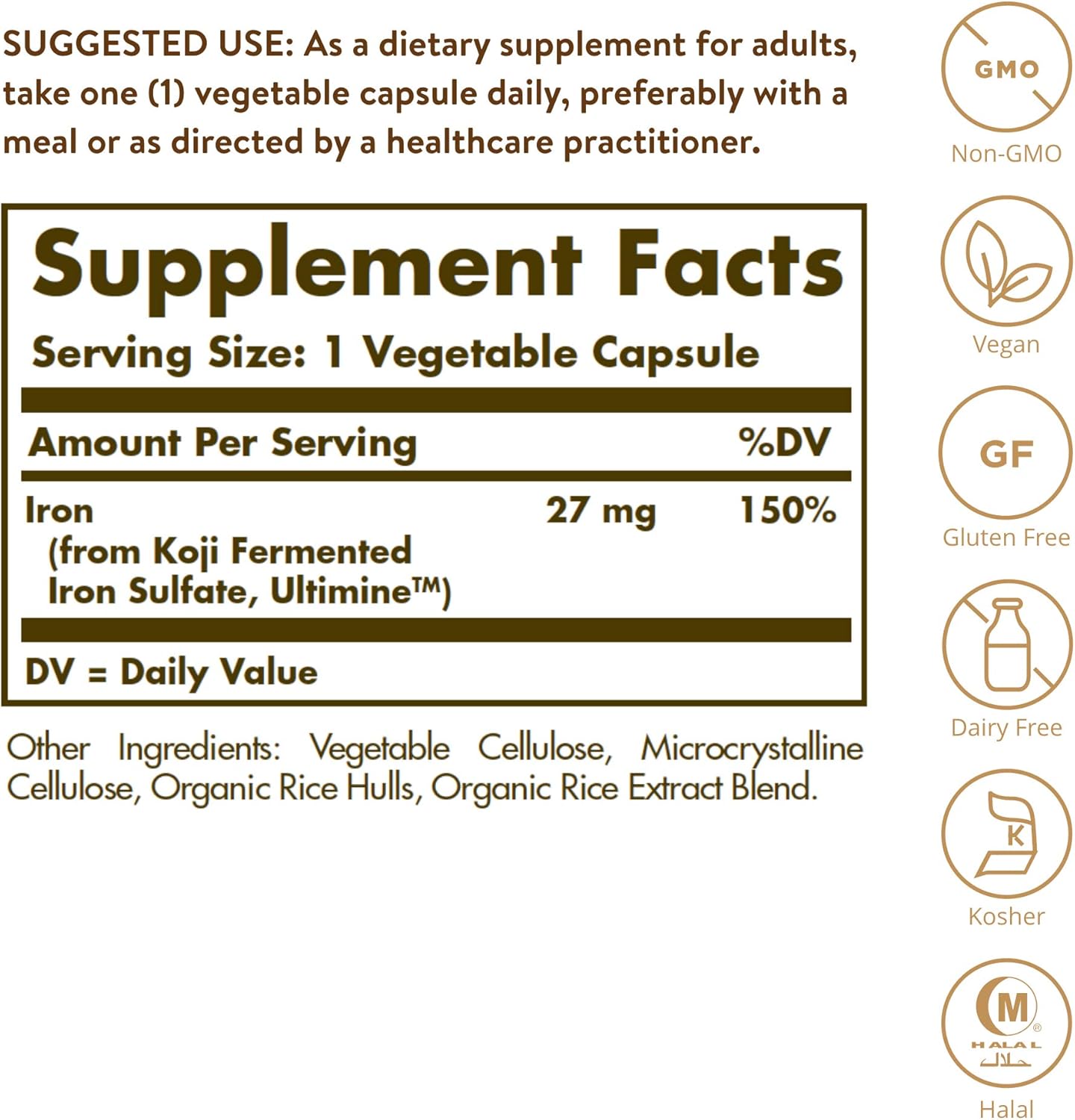Solgar Earth Source Food Fermented Koji Iron 27mg Capsules - High Absorption, Slow-Release, Gentle on Stomach - Non-GMO, Vegan, Gluten-Free - 30 Servings