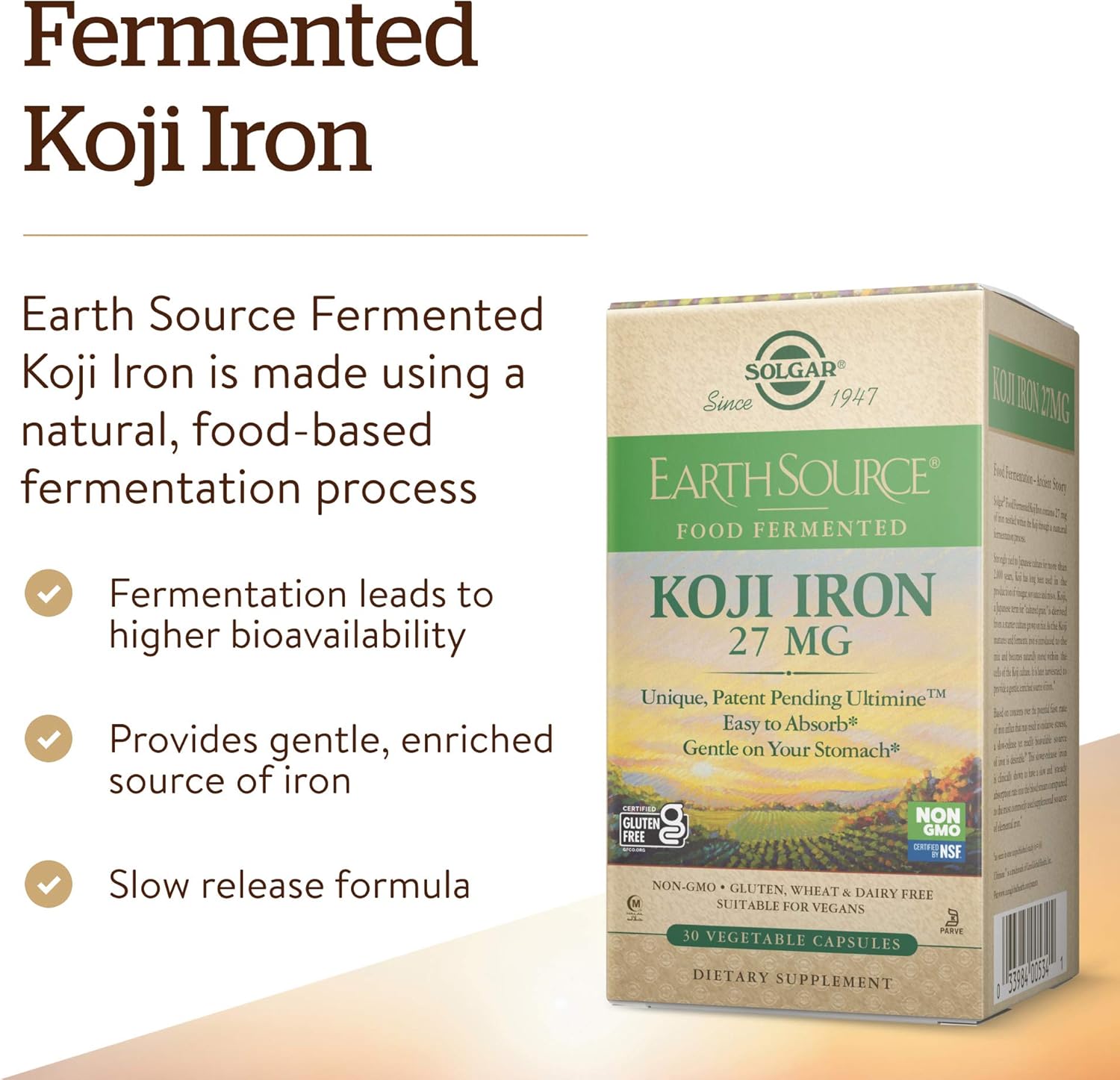Solgar Earth Source Food Fermented Koji Iron 27mg Capsules - High Absorption, Slow-Release, Gentle on Stomach - Non-GMO, Vegan, Gluten-Free - 30 Servings