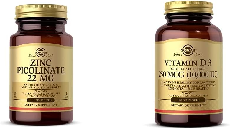 Solgar Zinc Picolinate Tablets for Healthy Skin & Immune System + Vitamin D3 Softgels for Strong Bones - Bundle Pack