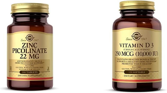 Solgar Zinc Picolinate Tablets for Healthy Skin & Immune System + Vitamin D3 Softgels for Strong Bones - Bundle Pack