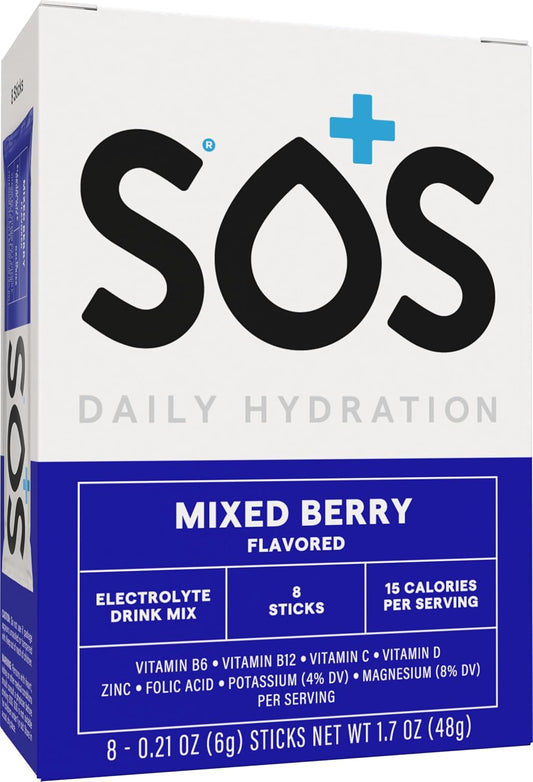 SOS Hydration Electrolyte Powder Packets, Mixed Berry Flavor, 8 Sticks - Low-Cal, Fast Rehydration, USA Made, Keto & Vegan Friendly