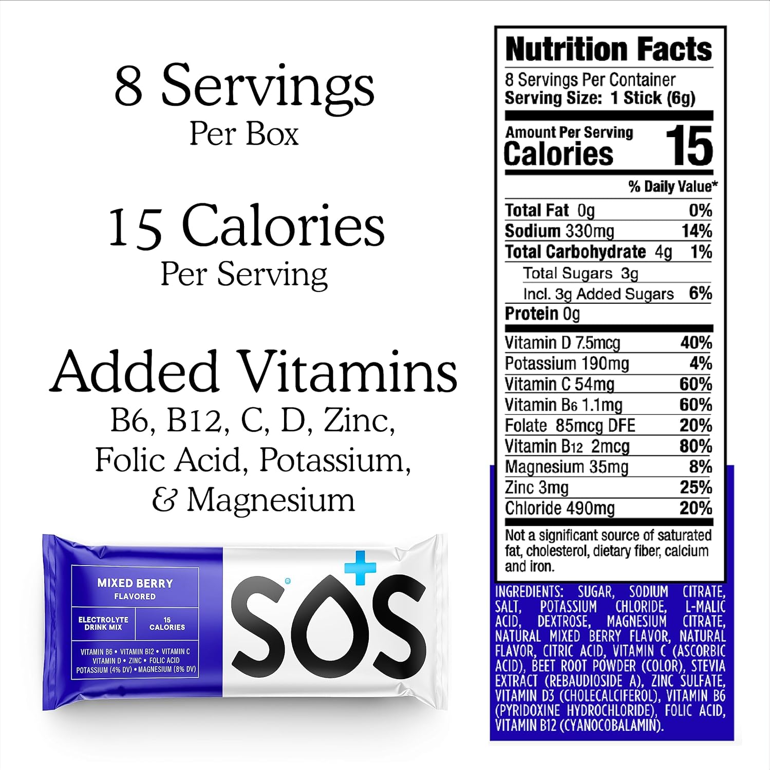 SOS Hydration Electrolyte Powder Packets, Mixed Berry Flavor, 8 Sticks - Low-Cal, Fast Rehydration, USA Made, Keto & Vegan Friendly