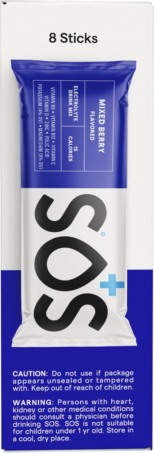SOS Hydration Electrolyte Powder Packets, Mixed Berry Flavor, 8 Sticks - Low-Cal, Fast Rehydration, USA Made, Keto & Vegan Friendly
