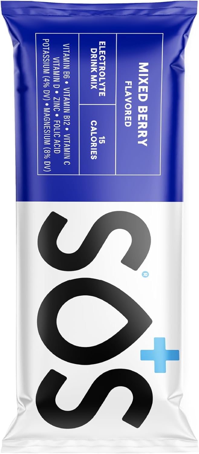 SOS Hydration Electrolyte Powder Packets, Mixed Berry Flavor, 8 Sticks - Low-Cal, Fast Rehydration, USA Made, Keto & Vegan Friendly