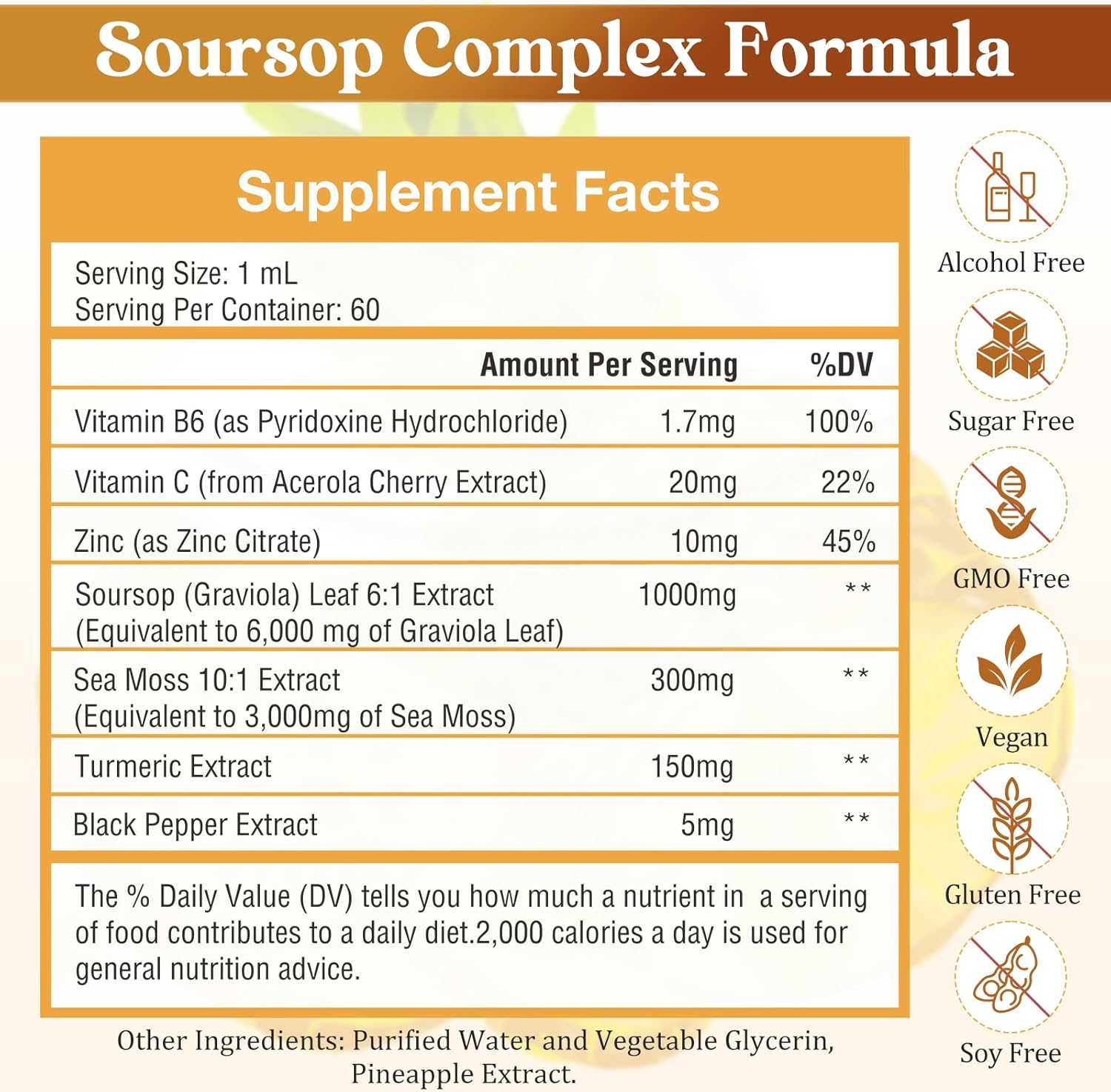 Soursop Bitters Liquid with Sea Moss, Turmeric, and Vitamins for Immune and Digestive Support - 2 fl oz Pineapple Flavor