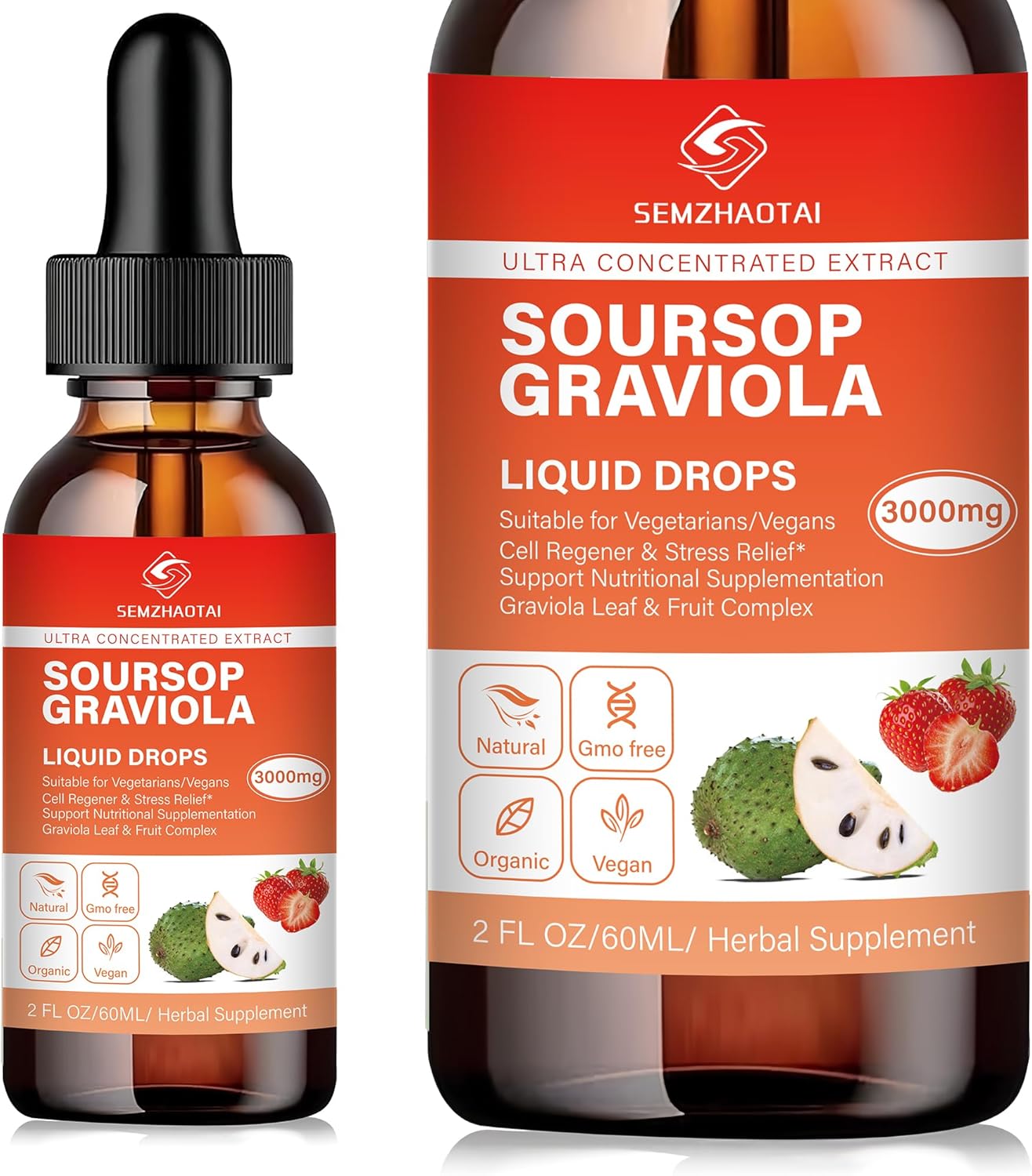 Soursop Graviola Leaf & Sea Moss Liquid Drops - Cell Support, Immunity Boost, Liver Health, Sleep Aid - Pure Soursop Bitters with Antioxidants - 2oz Strawberry Flavor - 2 Month Supply