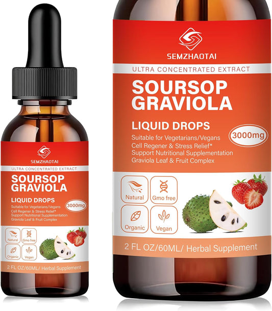 Soursop Graviola Leaf & Sea Moss Liquid Drops - Cell Support, Immunity Boost, Liver Health, Sleep Aid - Pure Soursop Bitters with Antioxidants - 2oz Strawberry Flavor - 2 Month Supply
