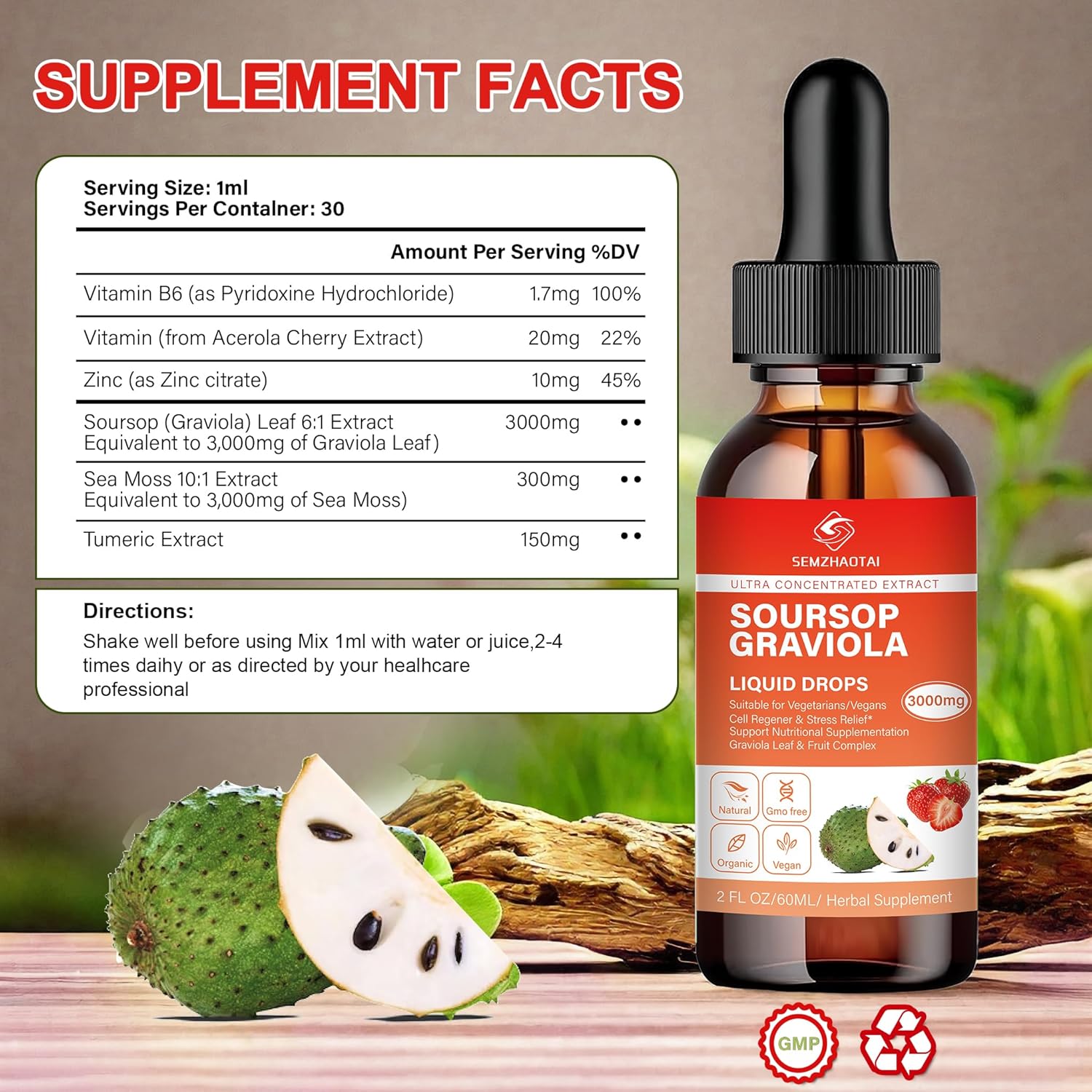 Soursop Graviola Leaf & Sea Moss Liquid Drops - Cell Support, Immunity Boost, Liver Health, Sleep Aid - Pure Soursop Bitters with Antioxidants - 2oz Strawberry Flavor - 2 Month Supply
