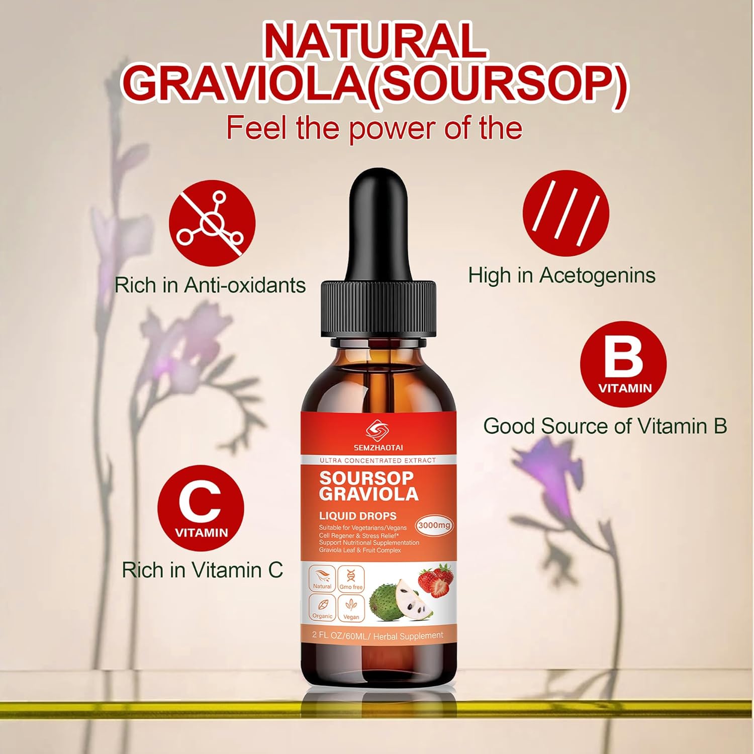 Soursop Graviola Leaf & Sea Moss Liquid Drops - Cell Support, Immunity Boost, Liver Health, Sleep Aid - Pure Soursop Bitters with Antioxidants - 2oz Strawberry Flavor - 2 Month Supply
