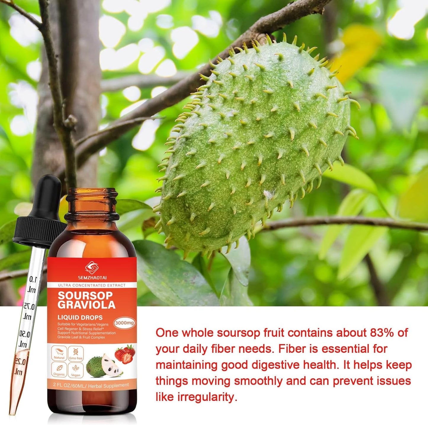 Soursop Graviola Leaf & Sea Moss Liquid Drops - Cell Support, Immunity Boost, Liver Health, Sleep Aid - Pure Soursop Bitters with Antioxidants - 2oz Strawberry Flavor - 2 Month Supply