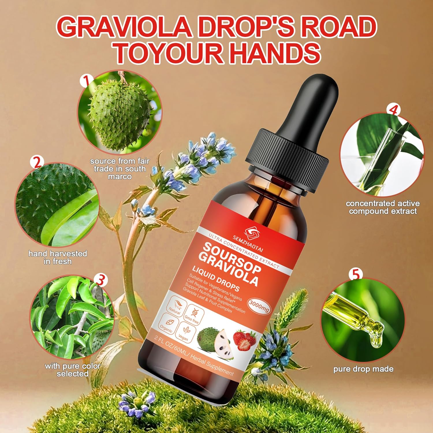 Soursop Graviola Leaf & Sea Moss Liquid Drops - Cell Support, Immunity Boost, Liver Health, Sleep Aid - Pure Soursop Bitters with Antioxidants - 2oz Strawberry Flavor - 2 Month Supply