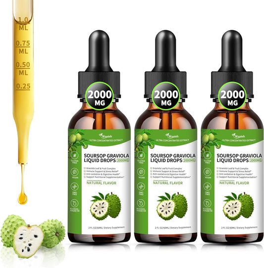 Soursop Graviola Liquid Drops (3 Pack) - 2000mg, Supports Cell Health, Immune Boost, Liver Function - Natural Flavor, Sugar/Gluten Free - 6 Fl Oz