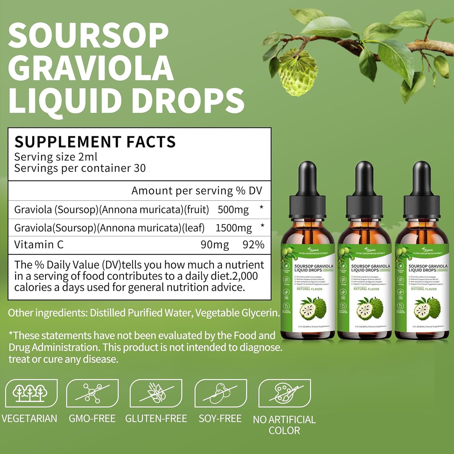 Soursop Graviola Liquid Drops (3 Pack) - 2000mg, Supports Cell Health, Immune Boost, Liver Function - Natural Flavor, Sugar/Gluten Free - 6 Fl Oz
