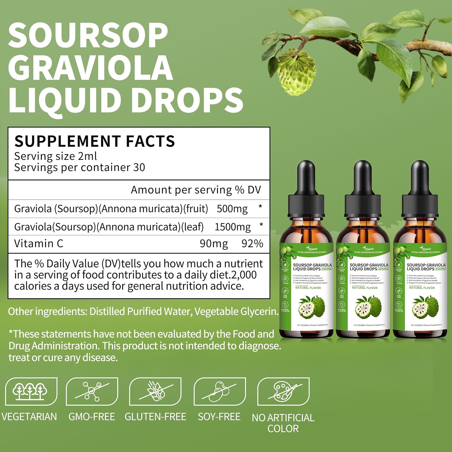 Soursop Graviola Liquid Drops (3 Pack) - 2000mg, Supports Cell Health, Immune Boost, Liver Function - Natural Flavor, Sugar/Gluten Free - 6 Fl Oz