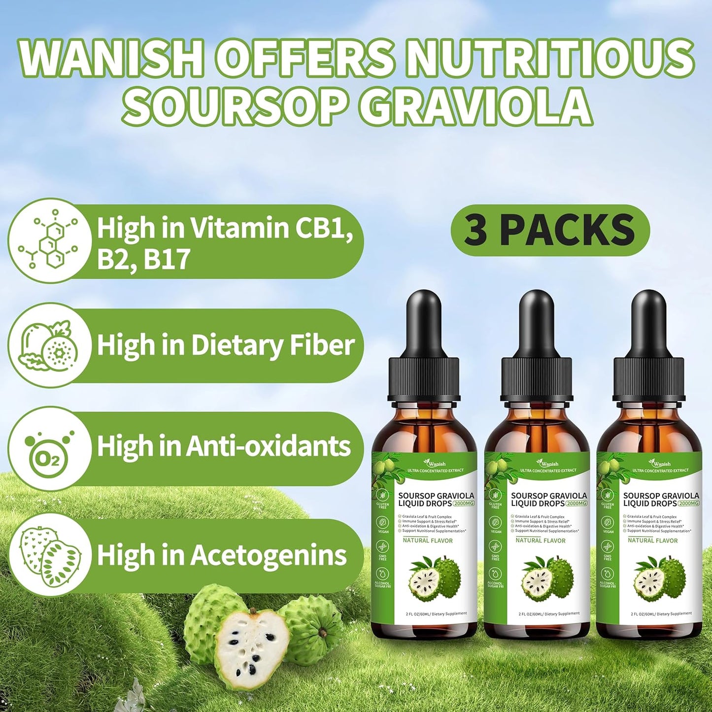 Soursop Graviola Liquid Drops (3 Pack) - 2000mg, Supports Cell Health, Immune Boost, Liver Function - Natural Flavor, Sugar/Gluten Free - 6 Fl Oz