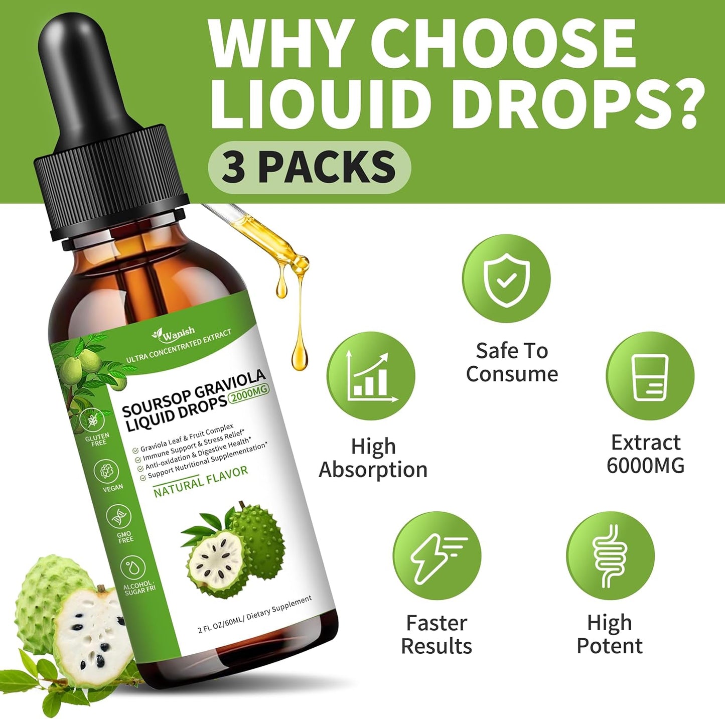 Soursop Graviola Liquid Drops (3 Pack) - 2000mg, Supports Cell Health, Immune Boost, Liver Function - Natural Flavor, Sugar/Gluten Free - 6 Fl Oz