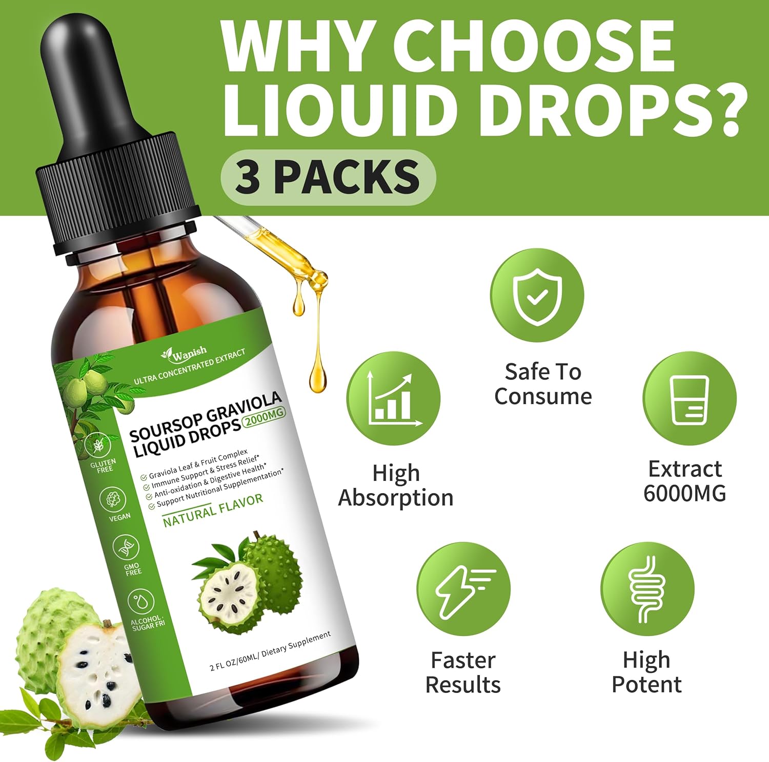 Soursop Graviola Liquid Drops (3 Pack) - 2000mg, Supports Cell Health, Immune Boost, Liver Function - Natural Flavor, Sugar/Gluten Free - 6 Fl Oz