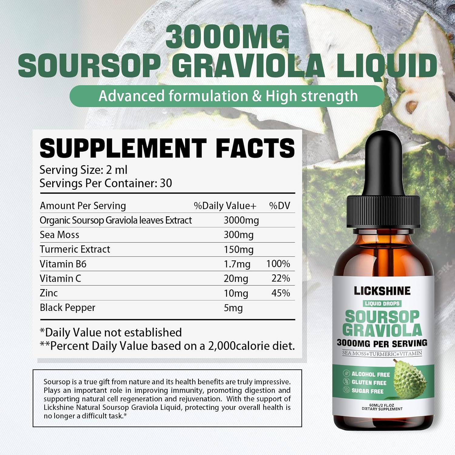 Soursop Graviola Liquid Drops 3000MG - Cell Support, Immune Boost, Antioxidant - Sea Moss, Turmeric - 2Fl Oz