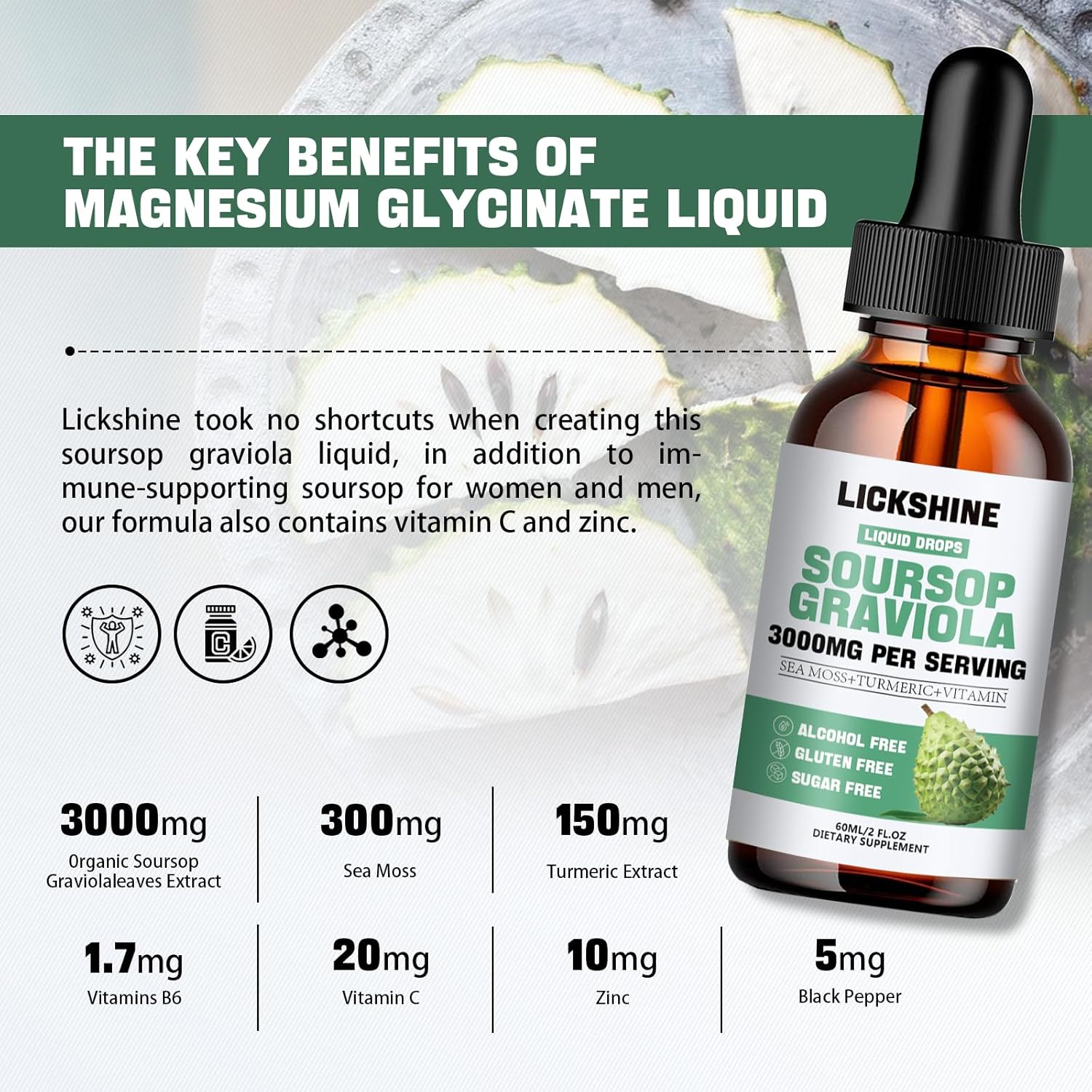 Soursop Graviola Liquid Drops 3000MG - Cell Support, Immune Boost, Antioxidant - Sea Moss, Turmeric - 2Fl Oz