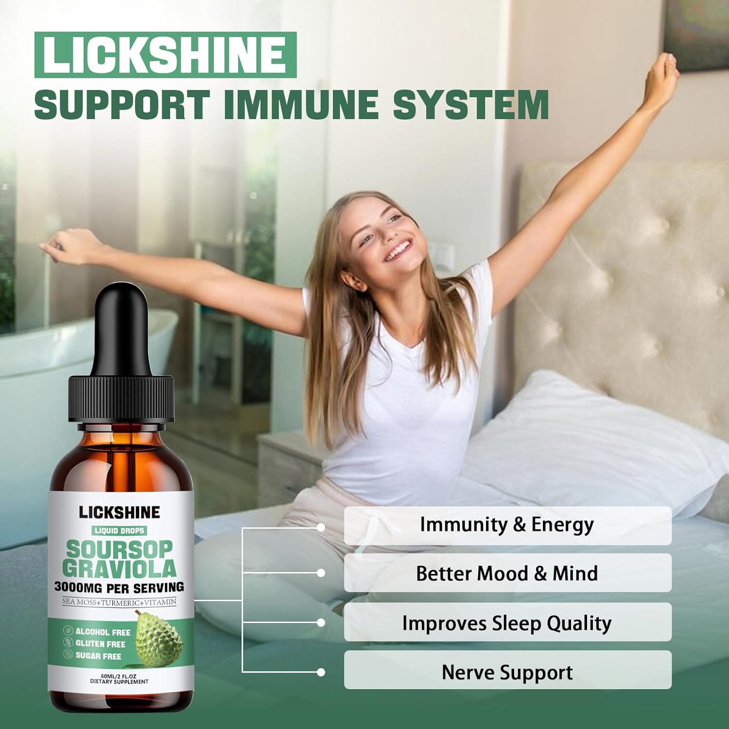 Soursop Graviola Liquid Drops 3000MG - Cell Support, Immune Boost, Antioxidant - Sea Moss, Turmeric - 2Fl Oz