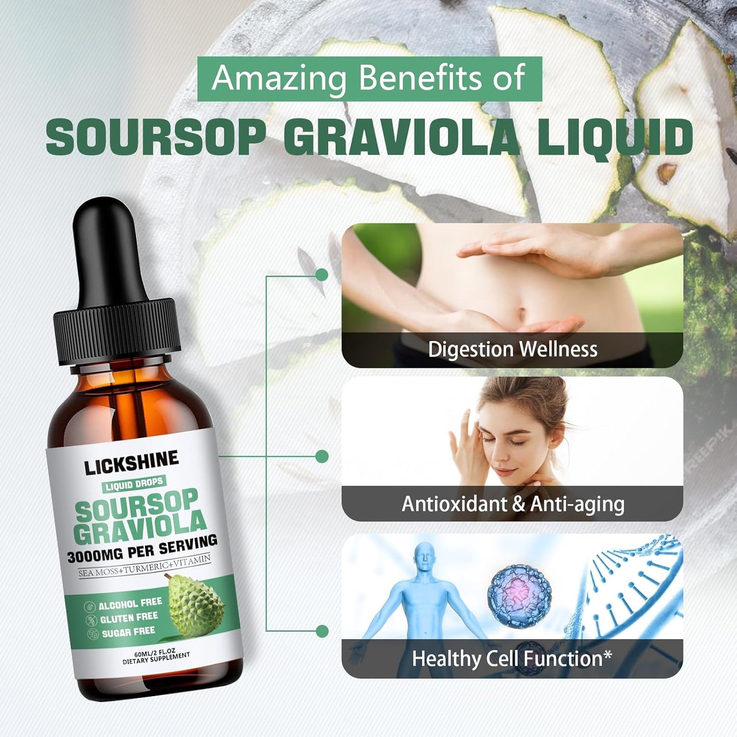 Soursop Graviola Liquid Drops 3000MG - Cell Support, Immune Boost, Antioxidant - Sea Moss, Turmeric - 2Fl Oz