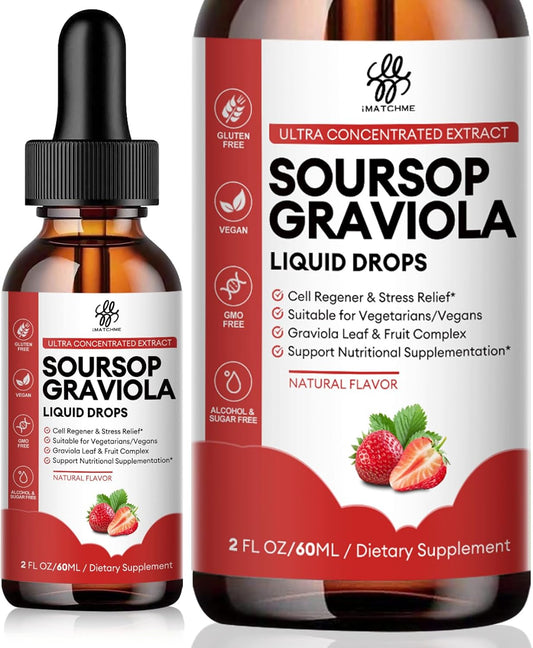 Soursop Graviola Liquid Drops with Natural Leaves & Fruit Complex - Strawberry Flavor, 2 Fl Oz - Sugar/Caffeine/Gluten Free