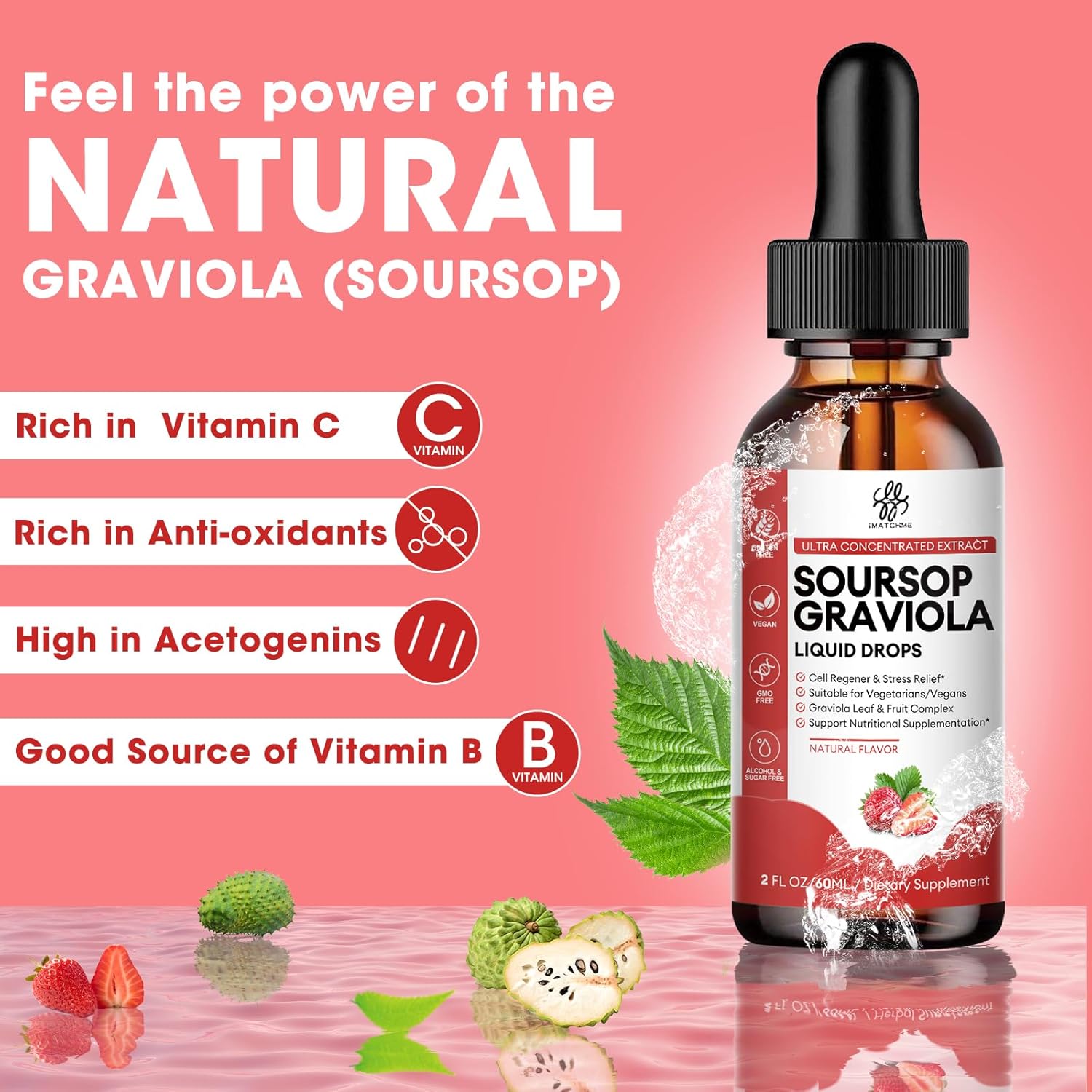 Soursop Graviola Liquid Drops with Natural Leaves & Fruit Complex - Strawberry Flavor, 2 Fl Oz - Sugar/Caffeine/Gluten Free