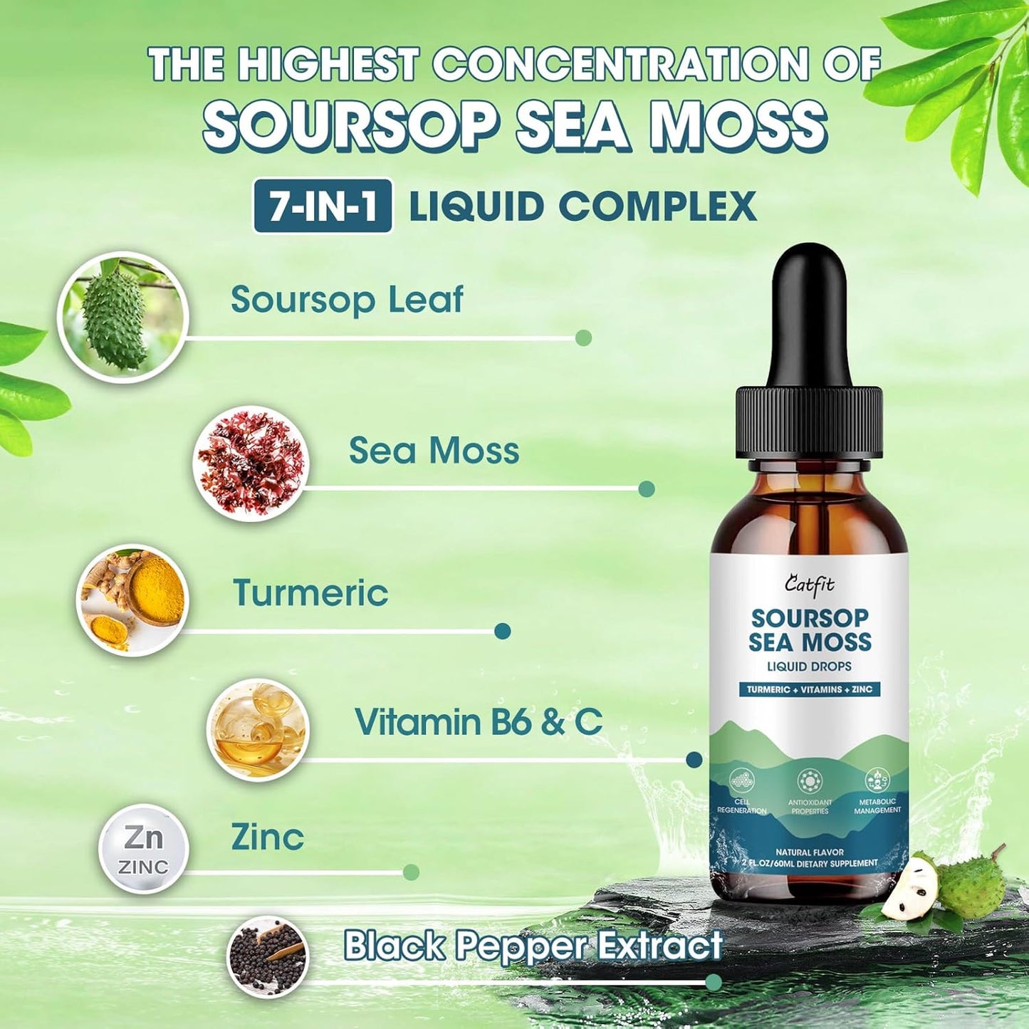 Soursop Graviola Liquid Drops with Sea Moss & Turmeric for Cell Support, Immune Boost, and Antioxidant Benefits