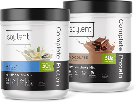 Soylent Complete Protein Powder Bundle - 30g Protein Shake for Muscle Growth & Recovery, Zero Sugar, Gluten Free, Vegan - Vanilla & Chocolate (2 Tubs)