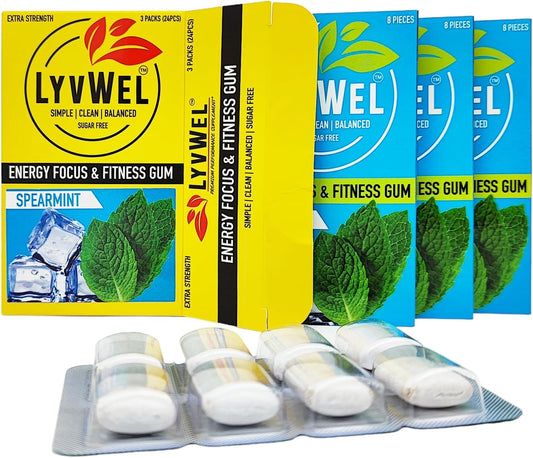 Spearmint Lyvwel Energy Gum - 80mg Caffeine, 50mg Taurine, All Natural, Sugar-Free Pre-Workout Boost - Stay Awake with this Essential Energy Supplement (3 Pack)