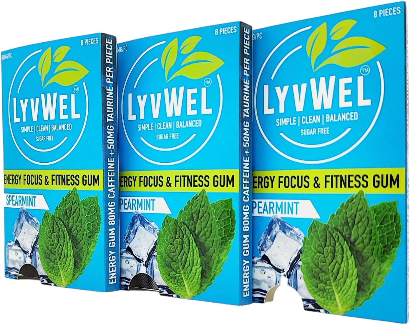 Spearmint Lyvwel Energy Gum - 80mg Caffeine, 50mg Taurine, All Natural, Sugar-Free Pre-Workout Boost - Stay Awake with this Essential Energy Supplement (3 Pack)