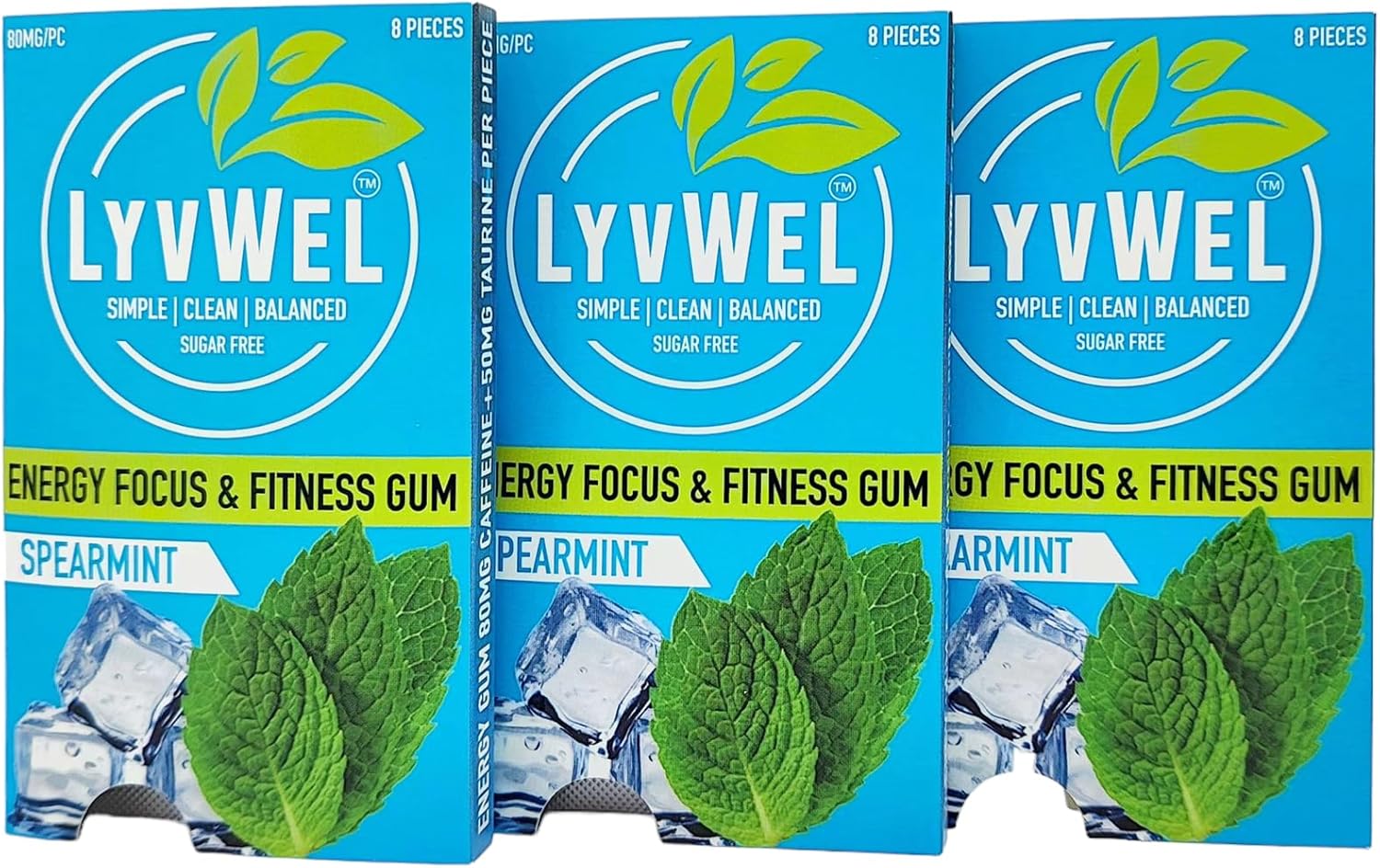 Spearmint Lyvwel Energy Gum - 80mg Caffeine, 50mg Taurine, All Natural, Sugar-Free Pre-Workout Boost - Stay Awake with this Essential Energy Supplement (3 Pack)