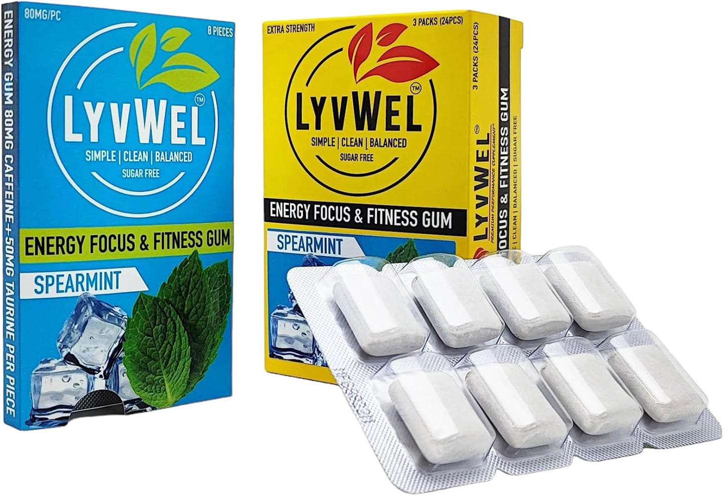 Spearmint Lyvwel Energy Gum - 80mg Caffeine, 50mg Taurine, All Natural, Sugar-Free Pre-Workout Boost - Stay Awake with this Essential Energy Supplement (3 Pack)