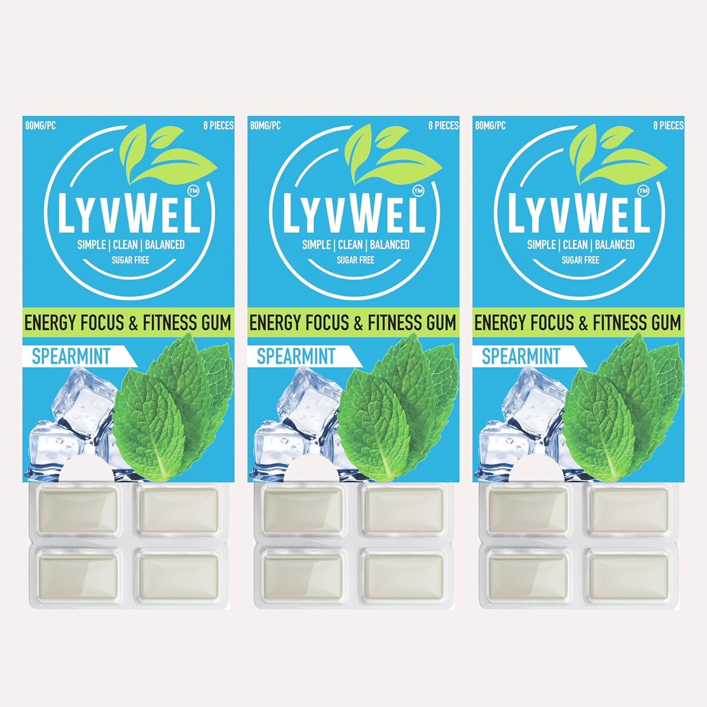 Spearmint Lyvwel Energy Gum - 80mg Caffeine, 50mg Taurine, All Natural, Sugar-Free Pre-Workout Boost - Stay Awake with this Essential Energy Supplement (3 Pack)
