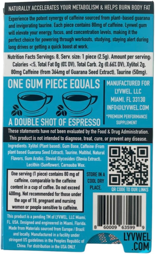 Spearmint Lyvwel Energy Gum - 80mg Caffeine, 50mg Taurine, All Natural, Sugar-Free Pre-Workout Boost - Stay Awake with this Essential Energy Supplement (3 Pack)