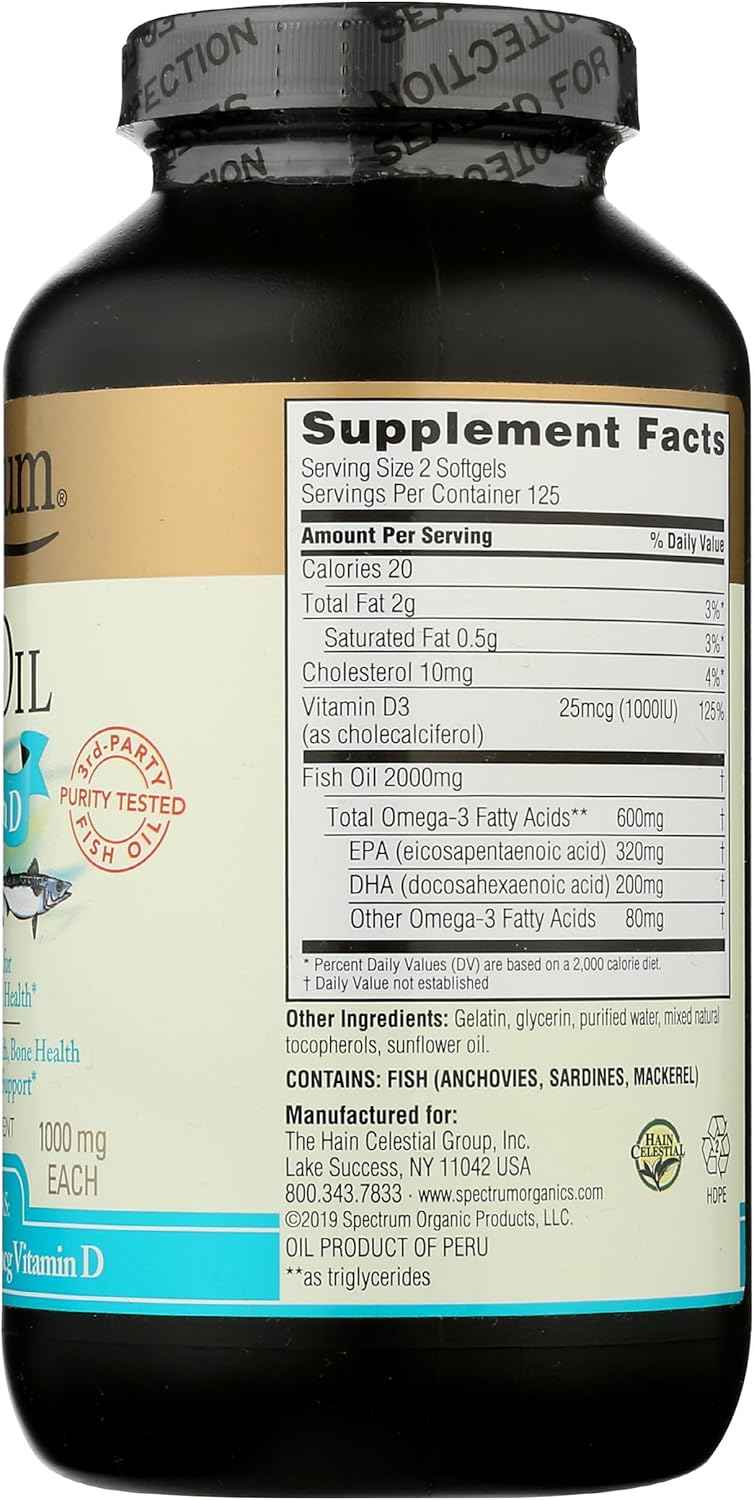 Spectrum Essentials Softgels, Fish Oil with Vitamin D, 1000 mg, 250 Count