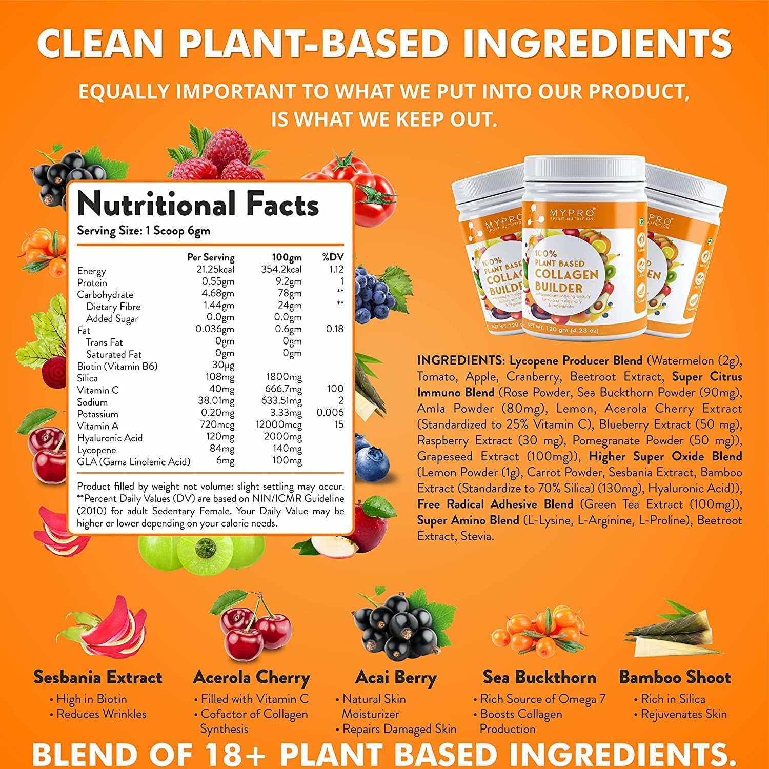 Sport Nutrition Plant Based Collagen Builder with Biotin, Silica, Sesbania & Bamboo Shoot - Anti-Ageing Beauty Formula for Skin Elasticity & Regeneration - 4.23 oz - Men & Women