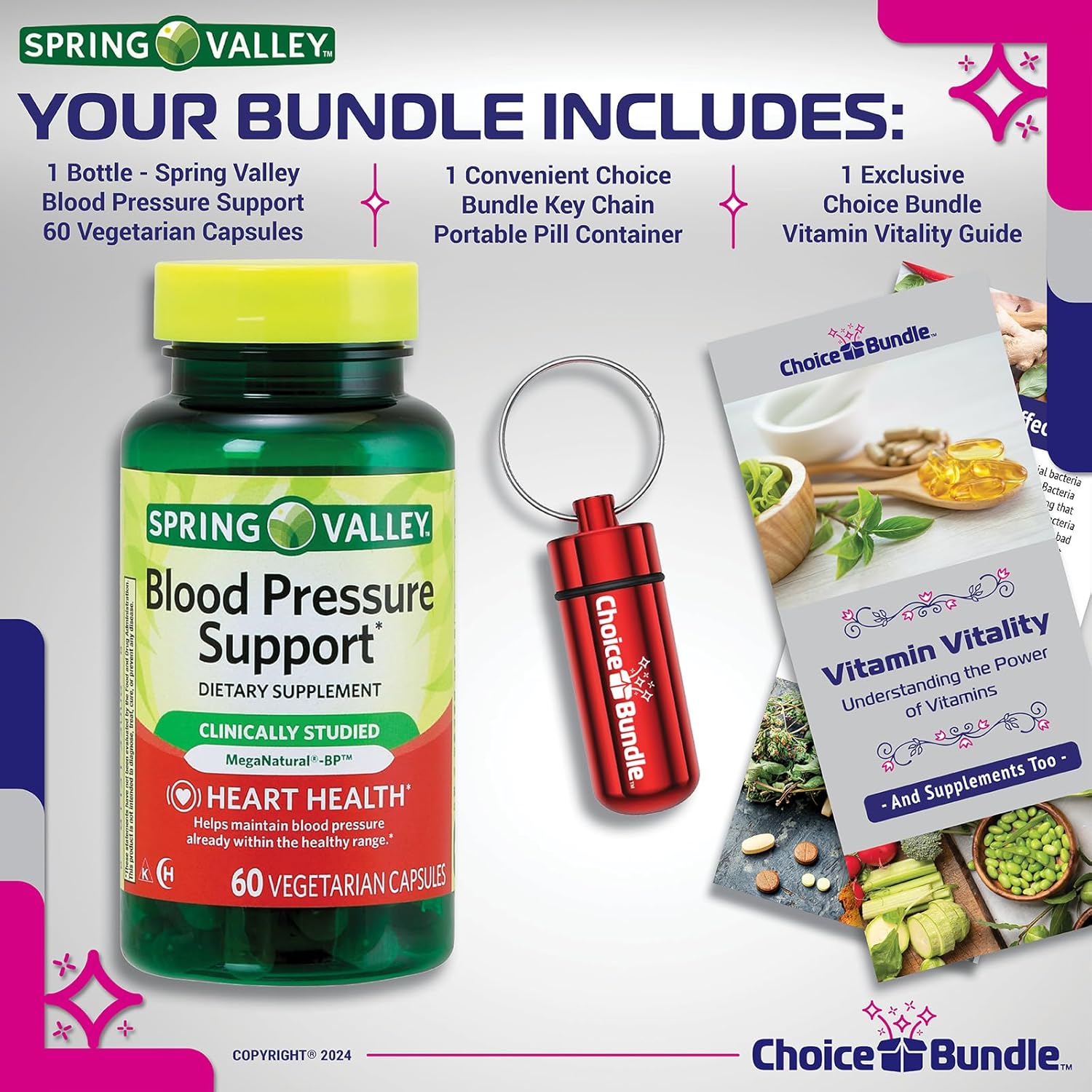 Spring Valley Blood Pressure Support Capsules Bundle with Vitamin Guide & Pill Container - 60 Ct Vegetarian Capsules