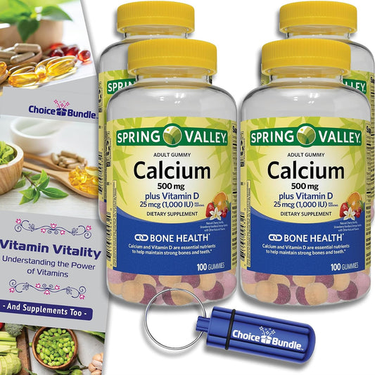 Spring Valley Calcium 500 mg + Vitamin D Gummies Bundle - 400 Ct Total + Vitamin Guide & Pill Container