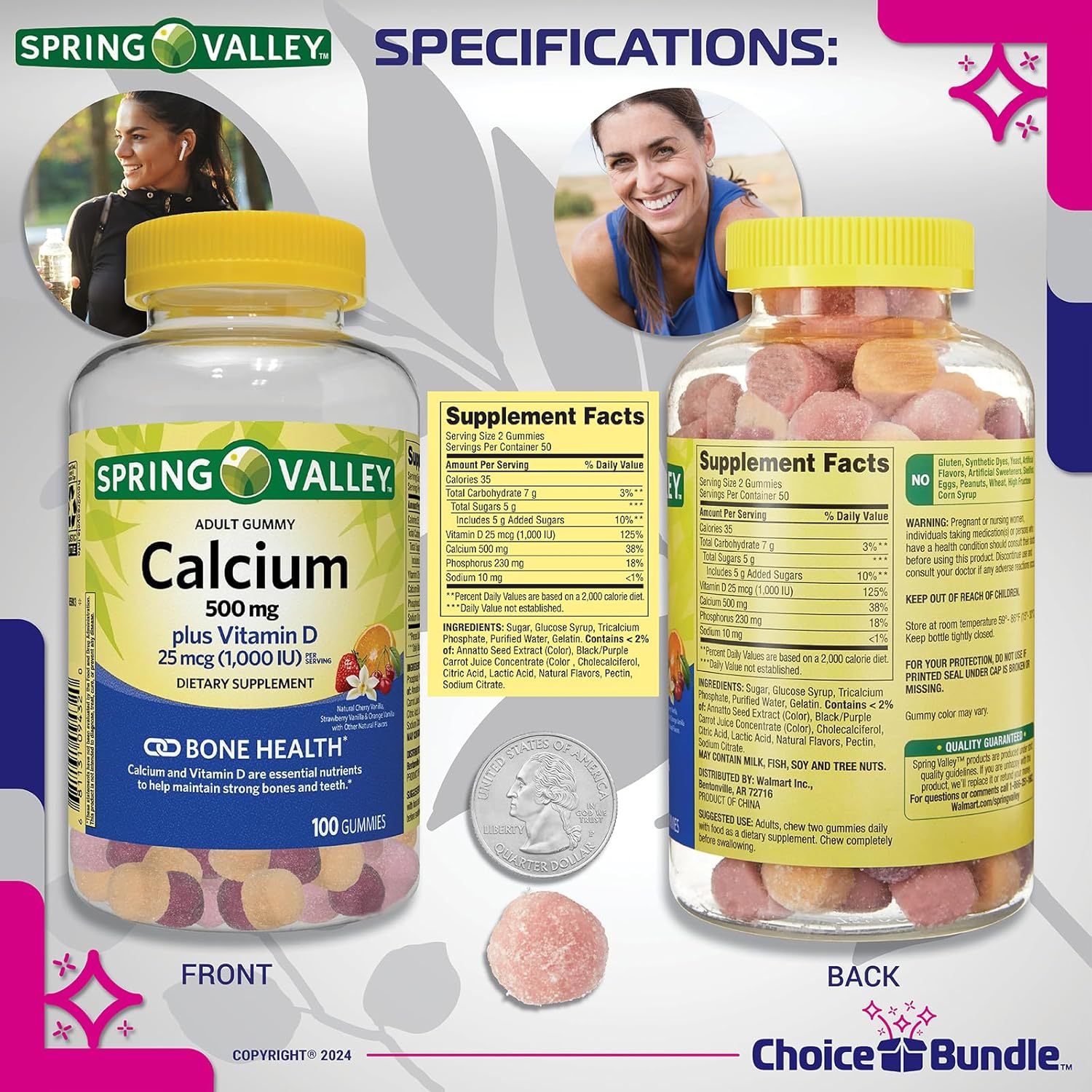 Spring Valley Calcium 500 mg + Vitamin D Gummies Bundle - 400 Ct Total + Vitamin Guide & Pill Container
